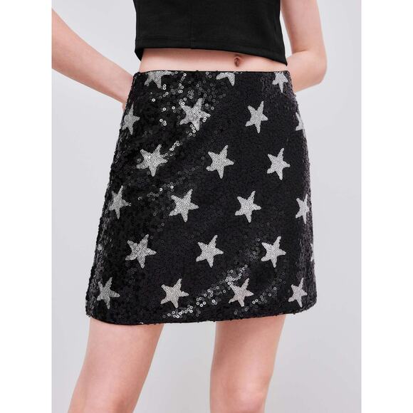 NWT cider SEQUIN MID RISE STAR MINI SKIRT size XL Black sparkle silver star - Picture 3 of 8